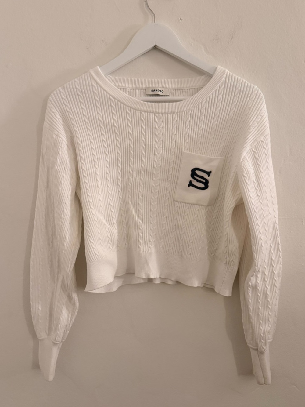 Sandro White Cable-Knit Crewneck Sweater with Pocket 'S'